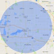 Map showing a 300 km radius around a central point in Germany.