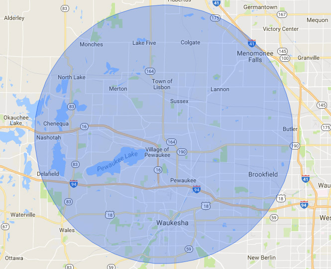 Map showing a 25-mile radius around a central point in a city area.