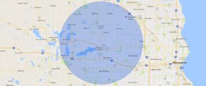Map showing a 300 km radius around a central point in Germany.